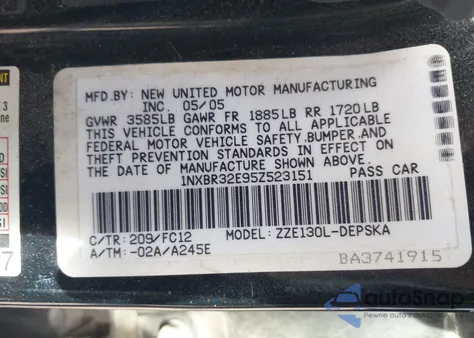 2005 Toyota Corolla S из США, поврежденный, VIN 1NXBR32E95Z523151